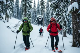 picture of two snowshoers in an Alpine Forest, serious, far behind the snowshoers in background is a Yeti monster, photobomb, photoreal HD quality, everything in sharp focus, low depth of field