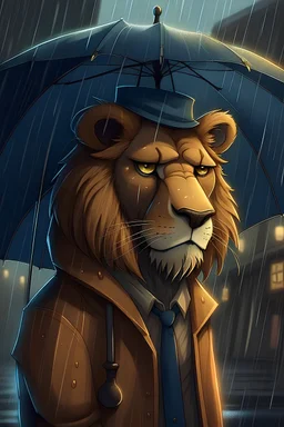 un leon detective, en una noche de lluviosa