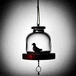 wooden bird in a hanging bell jar, caustic reflections, symmetrical, frosted glass, glossy from rain, rayonnant style, bokeh, dramatic lighting