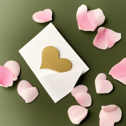 A photo of a white card, 5.5 by 4.25 inches. The card is vertically positioned on a beautiful white surface, positioned between pink rose petals and litte golden hearts.