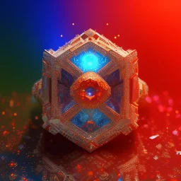 Ring made by diamonds shreds of glass, orange diamonds sparkles, red rubi fragments around, blue lights reflexes, complex structure, gold details, intricate ring pattern,Unreal Engine 5, macro lens,sharp focus, photorealistic, hyper detailed, studio lighting, neon light ambient, cinematic