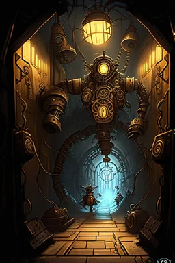 A steampunk dungeon hallway with a twisted clockwork robot rpg cover art