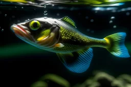 fish underwater looks at an artificial lure with hook prior to striking it