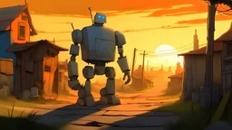 a ghost town city on a dirt road in Boccioni's style. A large homemade golem robot drawn in cubist style is walking on the road towards the viewer. A sunset in the background.