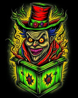 Scary Jack in the box tattoo design, traditional tattoo style, t-shirt design, fantasy art, digital painting, clean dark background, 8K