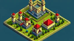 Generate an area in the castle like in mobile strategy games where in 3d there are a workshop, barracks, a Tournament castle and a monster farm in a circle. pixelart style age of empires