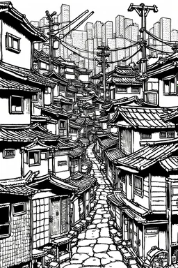 Tokyo shanty town, line arts, manga style