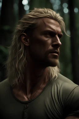Tall, very muscular man, aged 35 with light shaggy hair which falls around his shoulders, blonde neatly trimmed beard, wearing a teeshirt, photorealistic, 4k, dark fantasy, forest.
