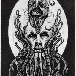 Picture of Cthulhu with white skin and a beard made of fleshy tentacles as a Russian Orthodox nosferatu with yellow eyes and vampire fangs and quills on the head