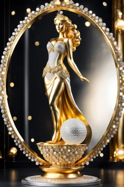 A magnificent golden and silver heart-shaped sign adorned with a stunning golden sphere encrusted with sparkling diamond clusters at its center, elegantly spinning in position,a golden statue of a girl in standing pose