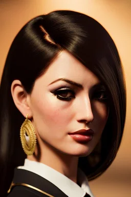 Young business woman, dark orange eyes, dark brown hair, elegant hair, gold hoop earrings, waist up portrait, 8k resolution, intricate details, ornate details, soft lighting, vibrant colors, retroanime, masterpiece, realistic, intricate eyeliner, dark eyeshadow, eyes,futuristic cityscape background
