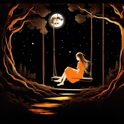 girl sitting in a swing in the woods watching the moon, in the style of anime art, dark gold and orange, 32k uhd, romantic riverscapes, transcendental art, dark reflections, luminous