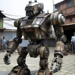 trash mech suit, human-sized, made of scrap metal, small, round dome head