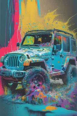 jeep on a terrain, graffiti art, splash art, street art, spray paint, oil gouache melting, acrylic, high contrast, colorful polychromatic, ultra detailed, ultra quality, CGSociety abstract art complementary colors fine details