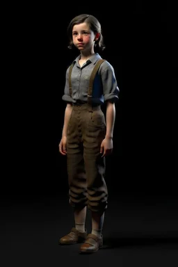 ragazza orfana di 14 anni del 1940, figura intera, front view, total body, stile realistico-drammatico, salopette e camicia