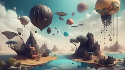 A surreal dreamscape with floating objects and abstract shapes