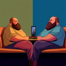 comicbook, 2 panels, a fat, bearded man watching tv in one, a side angle view of the tv in the other