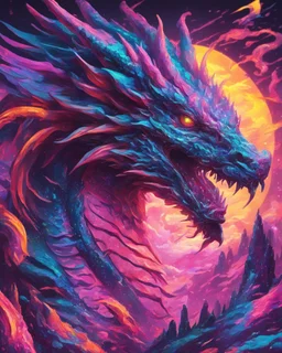 Close up shot, Dragon in a vibrant synthwave dreamscape, neon chaos swirling energetically around pixelated forms, a dynamic fusion of retro gaming nostalgia and futuristic abstraction