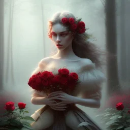 red roses beautiful girl,utra realistic,highly detailed, masterpiece, sharp focus, fantasy art, royalistic,elegant, fog, Special Lighting,volumetric lighting, Vibrant, color Scheme, forest, trending on artstation, ultra photoreal,hypermaximalist, unreal engine