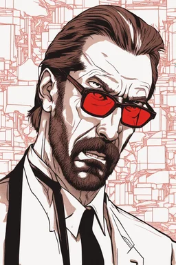 an intimidating disgusted and menacing looking Hans Gruber wearing red-tinted glasses