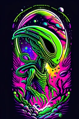 very details alien lost in galaxy background, T-shirt design, streetwear design, pro vector, Japanese style, full design, 8 colors only, solid colors, no shadows, full design, Bright colors, sticker, bright colors