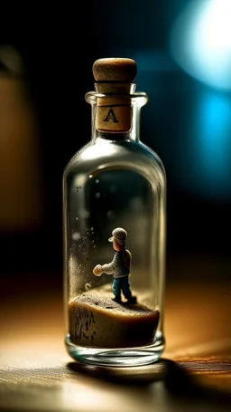 A gini in a bottle looking at