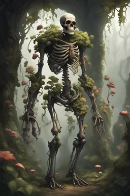 Skeleton, living skeleton, undead, leather armor, fungal growths, walking, full armor, medieval, vines holding together limbs, vine tendons, animated by plants, wearing leather armor, flowers growing from skull, reinforced by vines, hulking, long arms