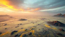 aerial view of a landscape covered in ash and sulfur that looks futuristic with futuristic lighting, horizon, realistic rendering