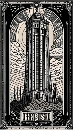 The tower tarot card of the WestWorld film noir art nouveau theme of a Mars