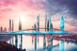 Dreamlike Skyline of Downtown futuristic hightech city in 4050 and a stunning futuristic Bridge During. dark grey and black clouds , storm, dark azur color river, cold colors, come storm, rain, high detalied, sci-fi, landscape