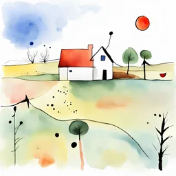 Draw me a farmhouse watercolour in the style of **Joan Miro- Surrealism/Abstract Art:** - Miro's whimsical and poetic *Peaceful Harmony Color Palette:** - soft