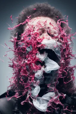 a dramatic 8k image of a person with a plastic covering the face, struggling to breath and trying to break free as it s tighly pulling over the face, chaos80