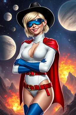 Karen Starr, full body, young athletic white female, crew cut bleach-blonde hair, thin, blue goggles over eyes, black cowboy hat, semi-pointed chin, muscular build, Wearing white long-sleeved bodysuit with high collar with plunging neckline, blue elbow gloves, red belt with gold buckle, red cape, blue knee boots. Big smile. Background: outer space, planets, stars, galaxies, fire, explosions, volcanic lava, craggy peaks. Photorealistic