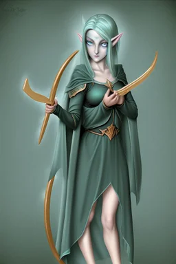 Female moon elf twilight cleric in a dark green robe with blueish short hair and golden eyes