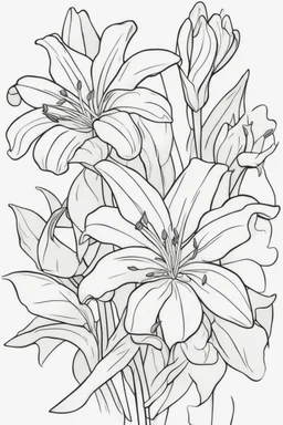 flowers coloring page for kids, lily, cartoon style, thick outline, low details, no shading, no color