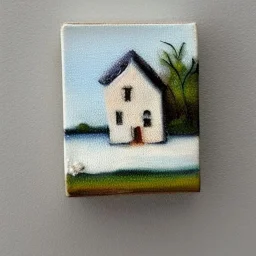 tiny oil painting of tiny seaside village, plain white background, solid white background, tiny white canvas, tiny white frame, melancholy, tender, moody, vintage, delicate arrangement, beautiful composition, etsy, aesthetic layout, plain solid white background