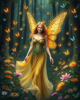 Beautiful Lady Fairy smiling walk in forest with flowers and many colourful butterflies and fireflys, photography art