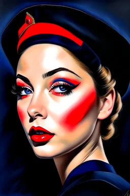 painting of french stewardess lady with long eyelashes and red lips