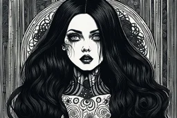 create a disturbing horror full body woodcut of a dark haired, savage, gothpunk vampire girl with highly detailed , sharply defined hair and facial features, in a dark, otherworldly London in the style of Junji Ito, precisely drawn, inked, with dramatic edges,