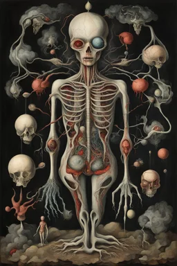 The human body is an anti-entropy device, anatomical making order out of chaos, metaphorical body compartmentalization, surrealism, by Bruno Munari, by Alexander Jansson, by Erik Thor Sandberg, portrait, dark colors, dreamy weird-core, art from beyond, lymphatic system.