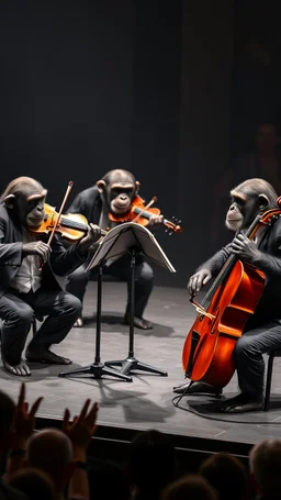 Four chimpanzees musicians wearing Papillons and suits four are playing violins and the one is a playing. Cello each one is looking to a notes stands on a stage , 4k , high quality picture, many audience are watching and clapping hands