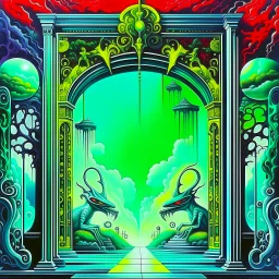 Gates looking into a strange Singapore Zoo, Artist Otto Rapp Bogomil's Universe; macrocosmic reflection, by Greg 'Craola' Simkins, intricately detailed; Hieronymus Bosch, imperial colors, fantasy, oil painting, mysterious cryptid menagerie.