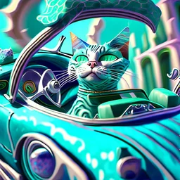 : A crazy cat driving a convertible sports car, inspired by the whimsical paintings of René Magritte, with a muted blue and green palette, where the car is in focus and the surroundings are blurred into abstract shapes, framed with an intricate lace pattern. Modifiers: sharp focus illustration photorealistic dynamic lighting 4K 3D colourful hdr very cute cinematic postprocessing