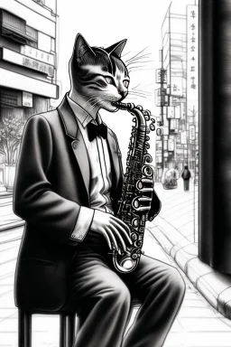 One single mature cat playing saxophone on the street, Osaka, thoughtful, mourning, model style, hyper realistic, extremely accurate, delicate, extremely detailed, Graphic novel style, wide-angle, open aperture, superfine pencil