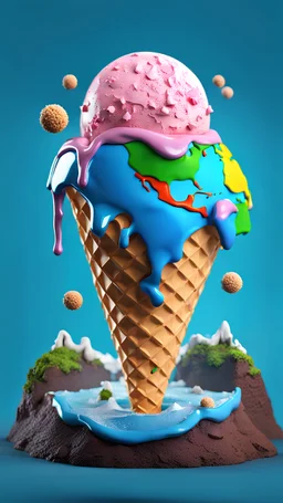 Planet Earth as a melting ice cream on a cone tshirt design, 3d render, cinematic