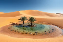 Ultra realistic landscape photography of a remote desert oasis surrounded by golden sand dunes, crystal-clear freshwater pool, palm trees growing naturally around the oasis, dramatic desert landscape under clear blue skies, realistic textures and lighting, untouched wilderness, National Geographic photography, documentary style, shot on Canon EOS R5, 28mm lens, f/9, ISO 100, RAW photo, HDR, natural lighting, true-to-life colors, professional landscape photography, ultra photorealistic, highly de