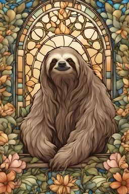 stained glass window design of an overwhelmingly sloth framed with vector flowers, long shiny, wavy flowing hair, polished, ultra-detailed vector floral illustration mixed with hyper realism, muted pastel colours, vector floral details in the background, muted colours, hyper-detailed ultra intricate overwhelming realism in a detailed complex scene with magical fantasy atmosphere, no signature, no watermark