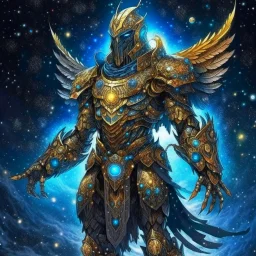 A battle suit made of galaxies and stars with a glove that has seven endless stones,A god-like man with infinite power who owns the galaxies,God-like man with infinite power who owns the galaxies and wears a beautiful crown, a jewel of diamonds and galaxies with weapons riding on a creature with an eagle head and eagle wings and eagle hands