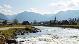 Looking across a fast-flowing dangerous river to a village of new wooden houses, school, church and farm buildings, and mountains in the far distance, highly detailed, realistic, sunshine, award-winning photo