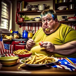 patriotic repulican fat american eating fries in his messy kitchen HD